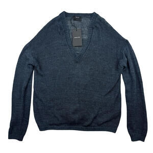 Massimo Dutti V-Neck Chunky Knit Linen Sweater Blue Size M